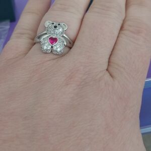 Silver 925 Bear Ring with Pink Heart